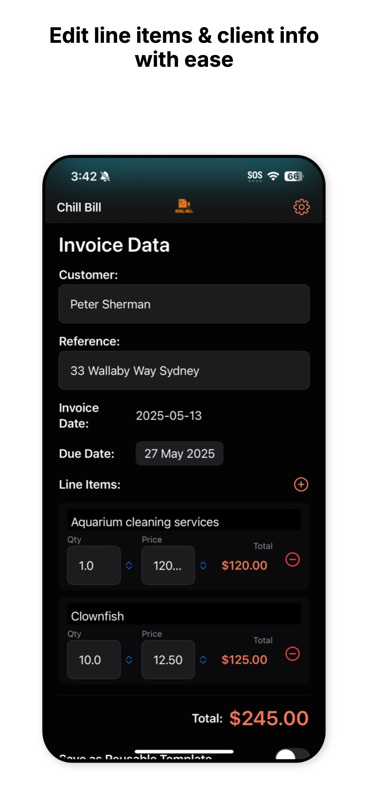 Chill Bill app's voice recording screen for creating a new invoice.