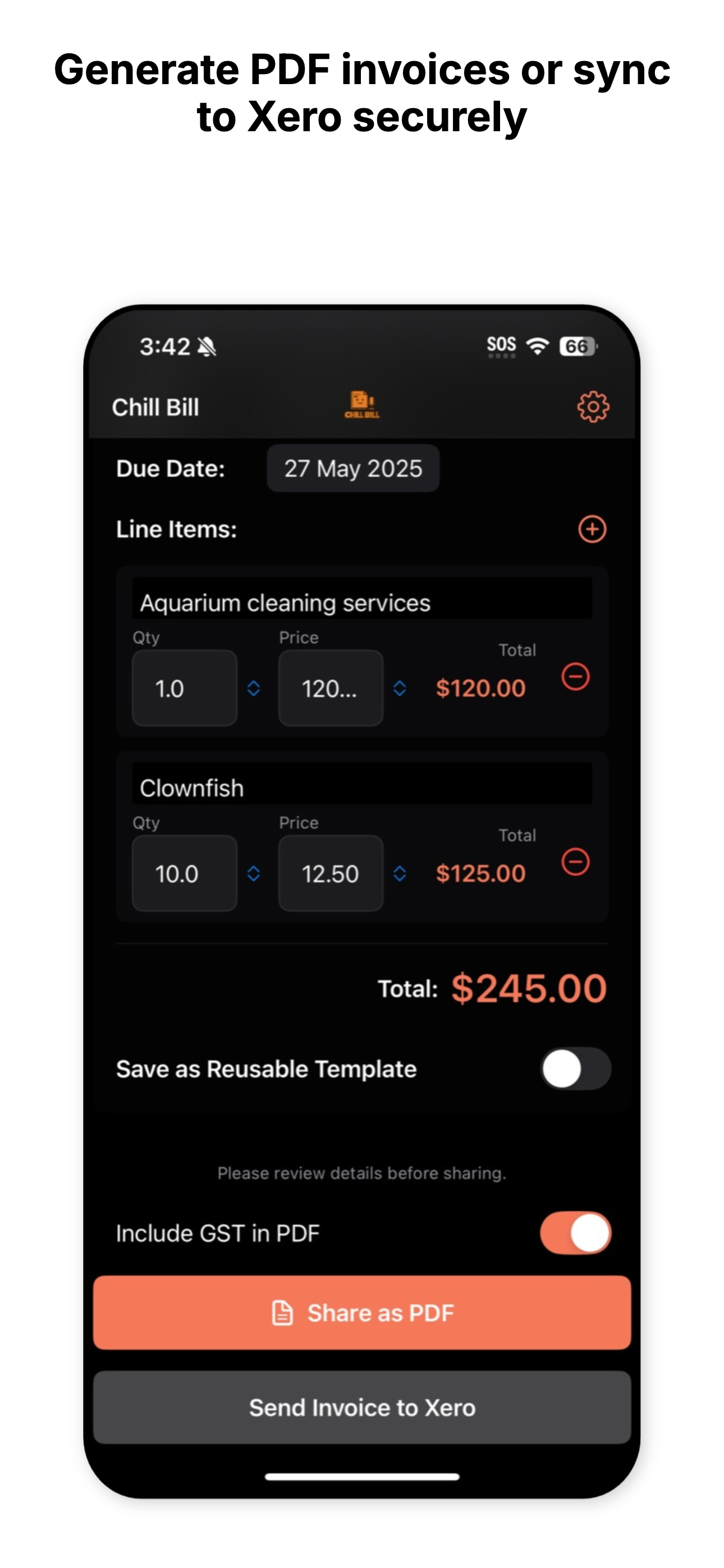 Chill Bill app displaying a generated invoice ready to be sent.